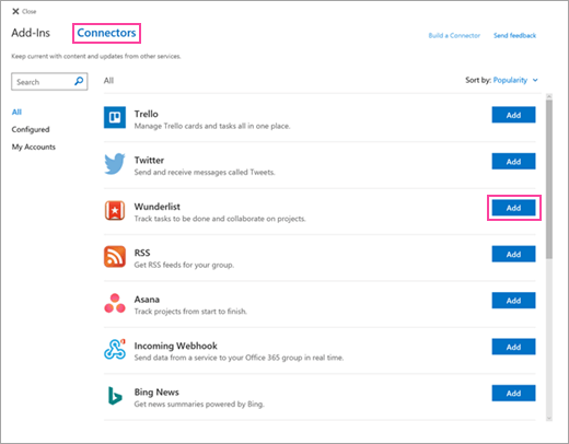 A screenshot of available connected services in Outlook on the web