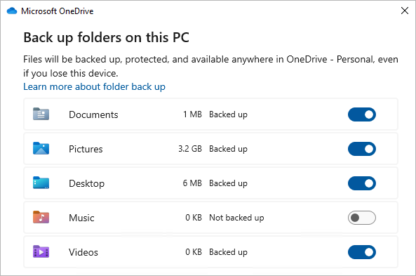 Screenshot showing selection dialog for backing up OneDrive folders