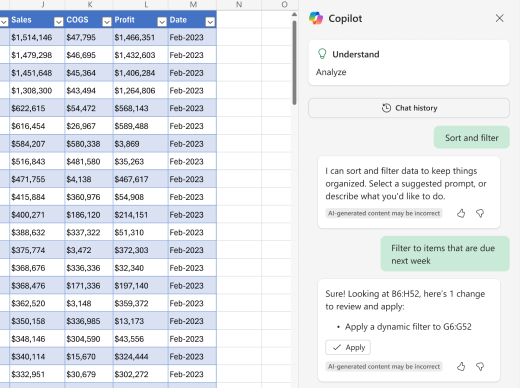 Screenshot of how to filter data using Copilot in Excel.