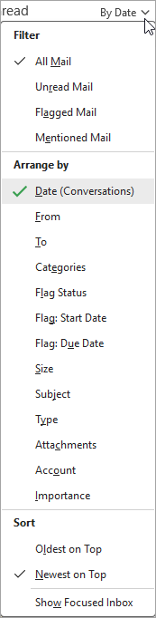 Screenshot of Sort messages dropdown list