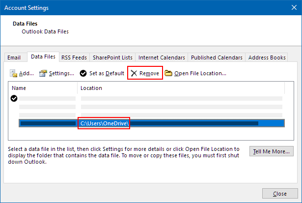 Outlook data files dialog