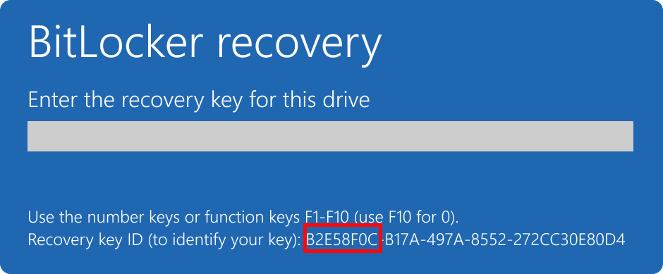 Screenshot of the BitLocker recovery screen highlighting the key ID.