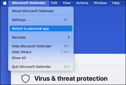 The Microsoft Defender menu opened to show "Switch to personal app" selected.