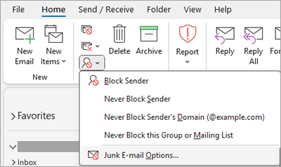 Screenshot showing Block Sender dropdown with Junk E-mail Options selected