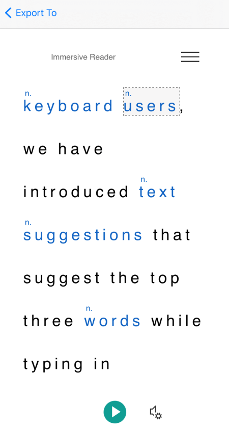 Parts of speech shown and labelled in the Immersive Reader view in Microsoft Lens for iOS.