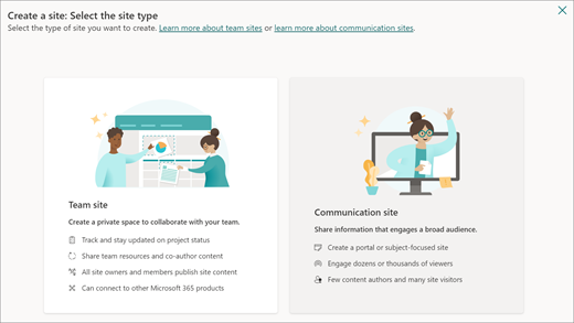 Select the left pane to create a team site, or select the right pane to create a communication site.