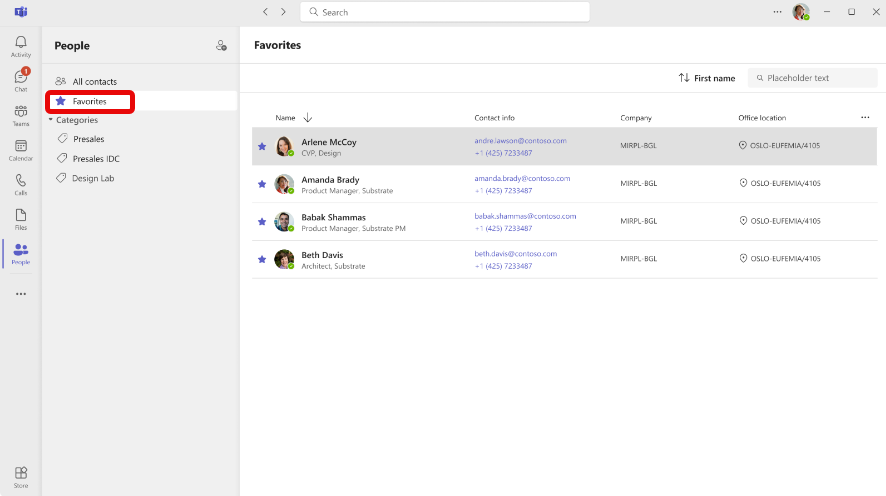 Screenshot of the add to favorites selection in Teams People App