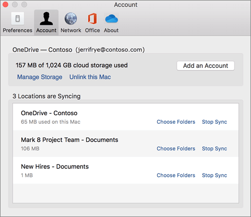 Screenshot of the Account tab on the OneDrive sync client for the Mac