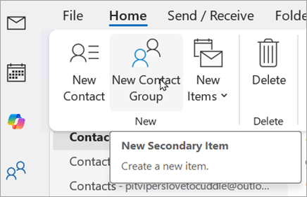 Select New Contact Group. The alt text will say, "New Secondary Item."