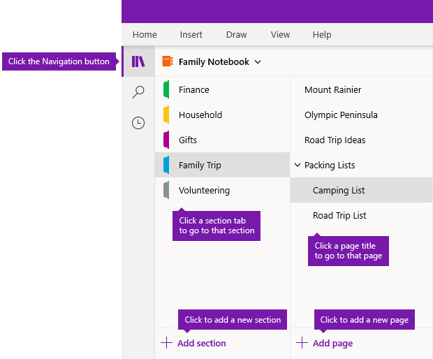 Sections and pages in OneNote for Windows 10