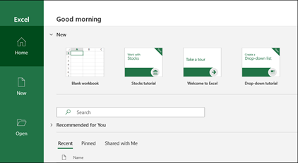 Welcome screen on the Excel File menu