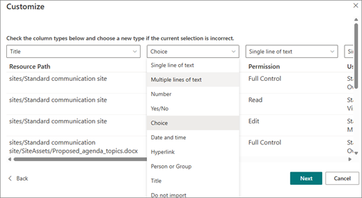 Screenshot of the Customize screen. At the top of each column is a pull-down menu with the different column types available for each column. In the lower right corner are the Next and Cancel buttons.