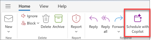 Shows Outlook toolbar with "Schedule with Copilot" button highlighted.