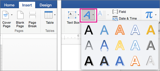 Insert tab with the WordArt option highlighted.