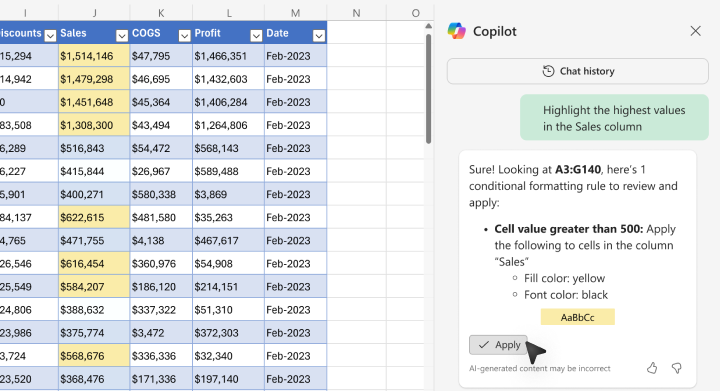 Screenshot of how to highlight values using Copilot in Excel.