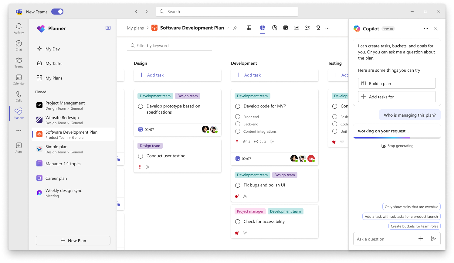 Screenshot shows user interface for Copilot in Planner tracking progress.