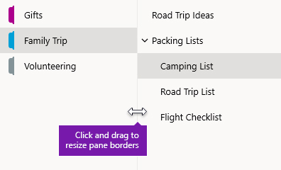 Resizing the navigation panes in OneNote for Windows 10