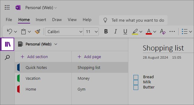 View of the OneNote web UI showing the content area