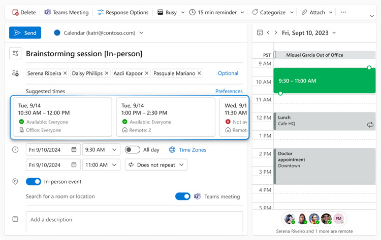 The image shows the create event form for a meeting the organizer is trying to schedule. The organizer has selected the in-person toggle. Thus, in the Suggested Times section, one can see three different suggested time cards, out of which the first two are time slots in which everyone can attend the meeting in-person.