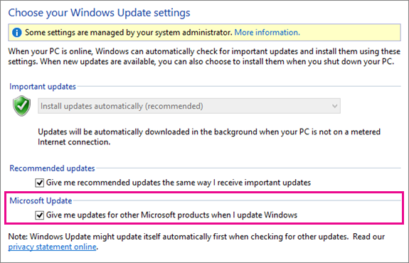 Windows 8 Windows Update Settings in Control Panel