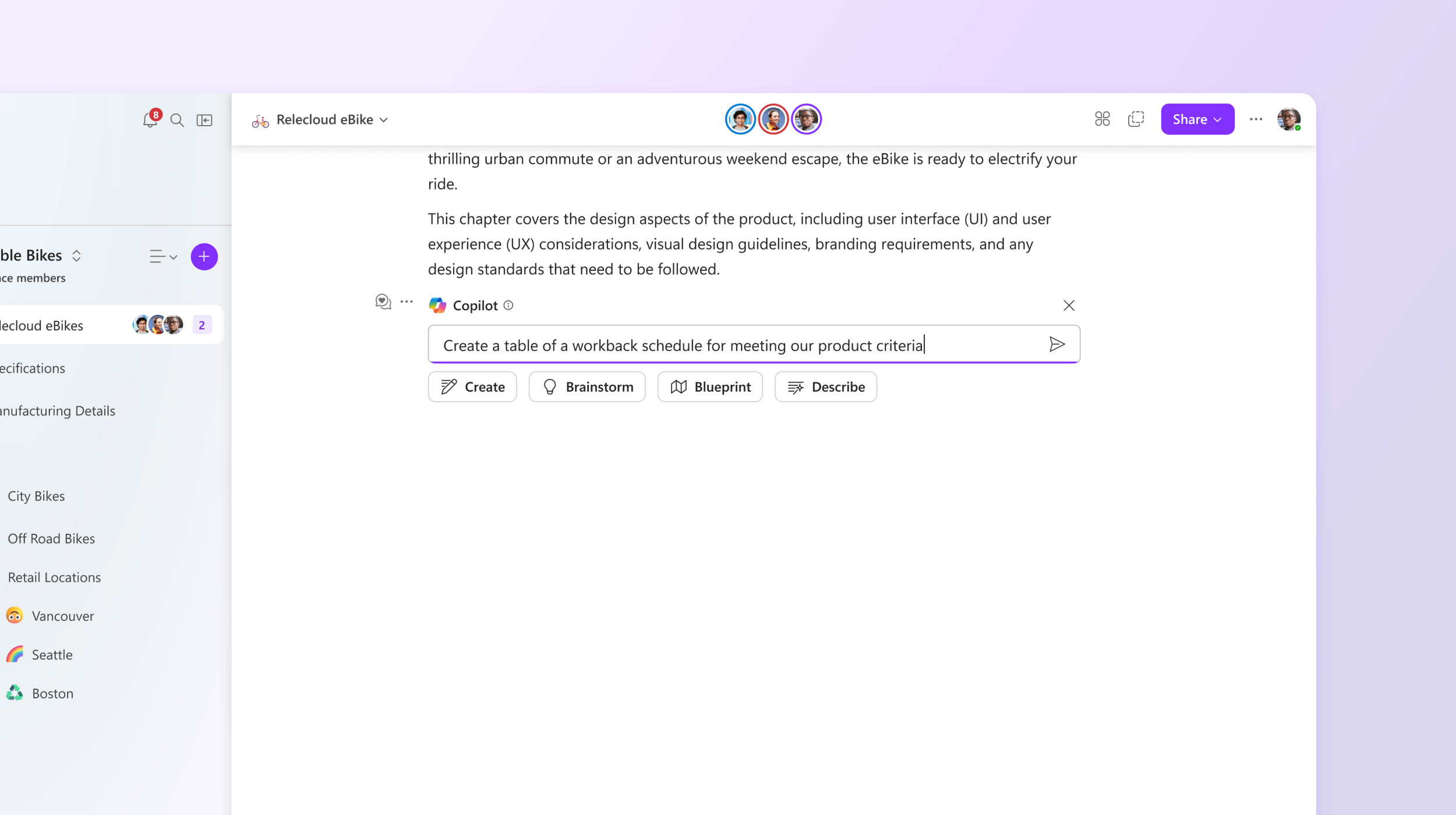 Screenshot shows Copilot in Loop creating a table of workback schedule.