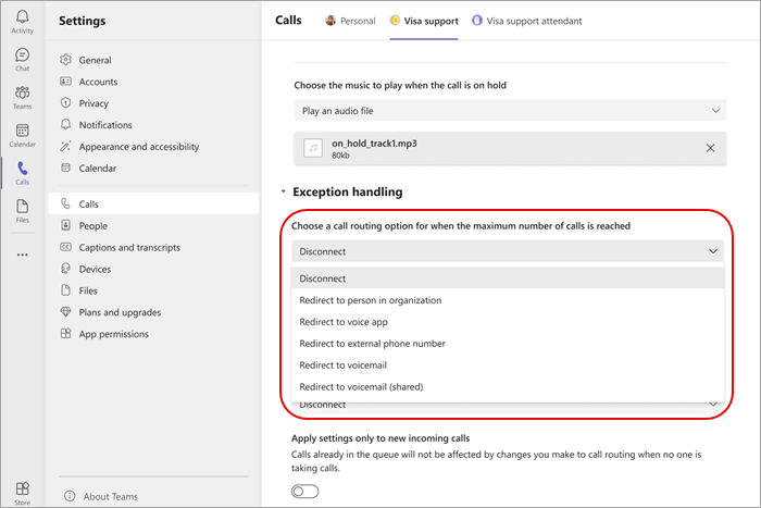 Screenshot showing options in the exception handling menu