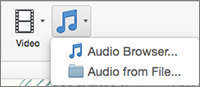 Insert audio menu with audio from file and audio browser choices