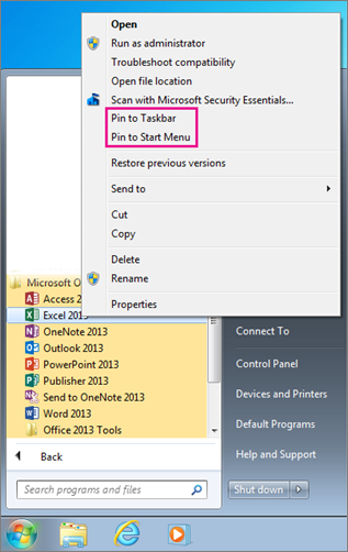 Pin Office app to Start menu or taskbar in Windows 7