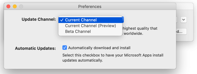 Image of Mac Microsoft AutoUpdate -> Preferences window that shows update channel choices.