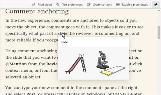 Picture dictionary in Immersive Reader