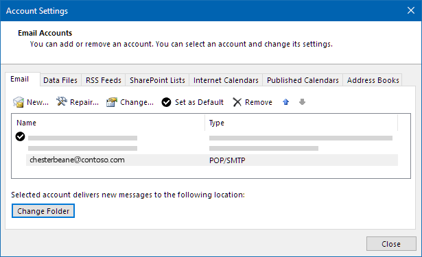 Outlook account settings dialog