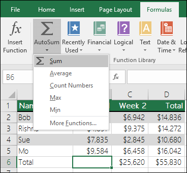 You can use the AutoSum Wizard to automatically build a Sum formula.  Select a range above/beneath or left/right of the range to be summed and goto the Formula tab on the Ribbon, then select AutoSum & SUM.