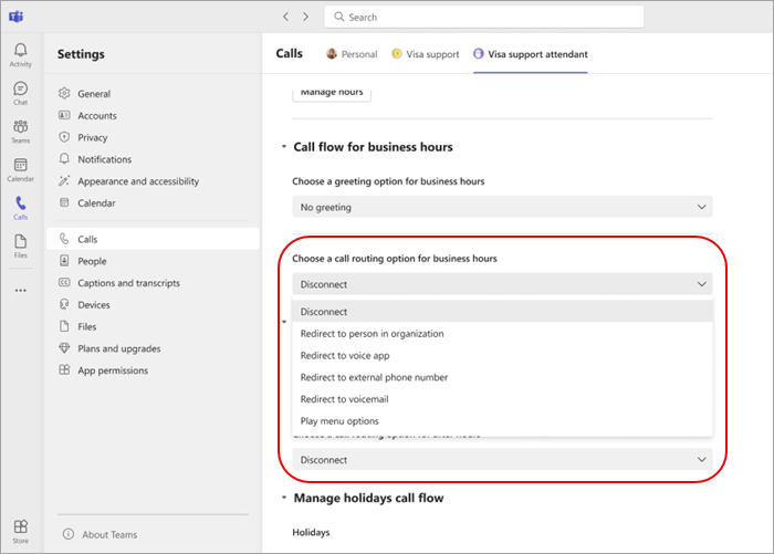 Screenshot showing call routing options for business hours