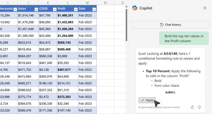 Screenshot of how to bold values using Copilot in Excel.