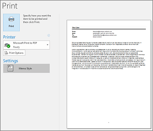 Print preview of Outlook email message