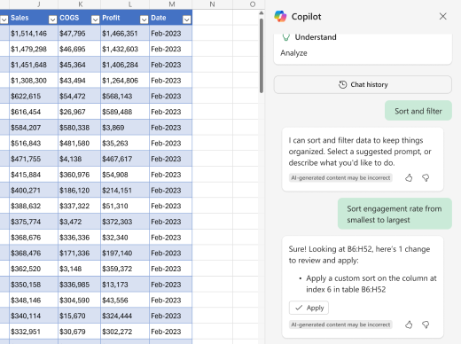 Screenshot of how to sort data using Copilot in Excel.