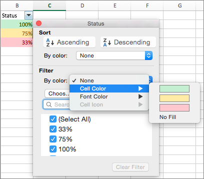 Example of filtering by cell color