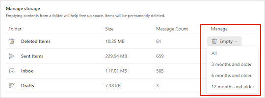 Storage Settings for Outlook.com.