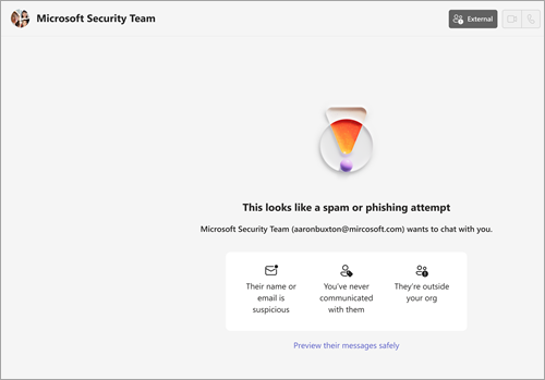 Screenshot showing the warning message that appears when Teams suspects an external contact may be attempting to spam, phish, or impersonate.