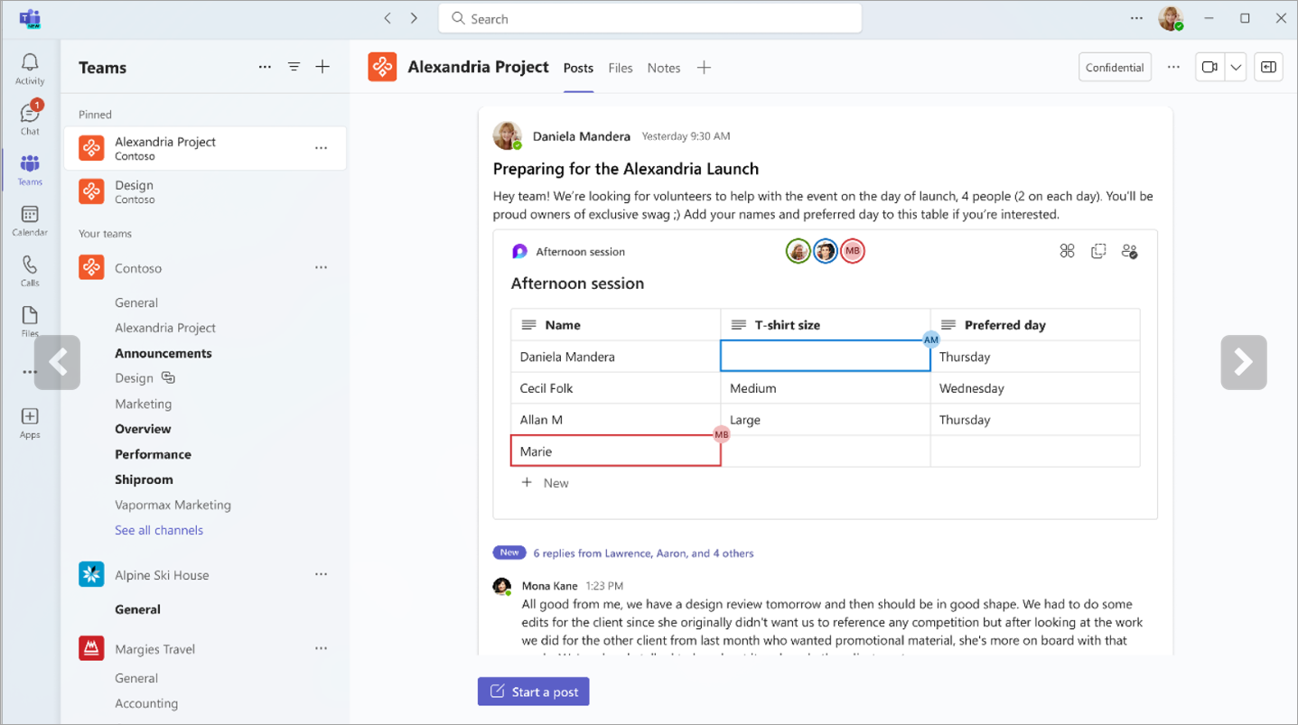 Screenshot showing loop components in Teams channels.