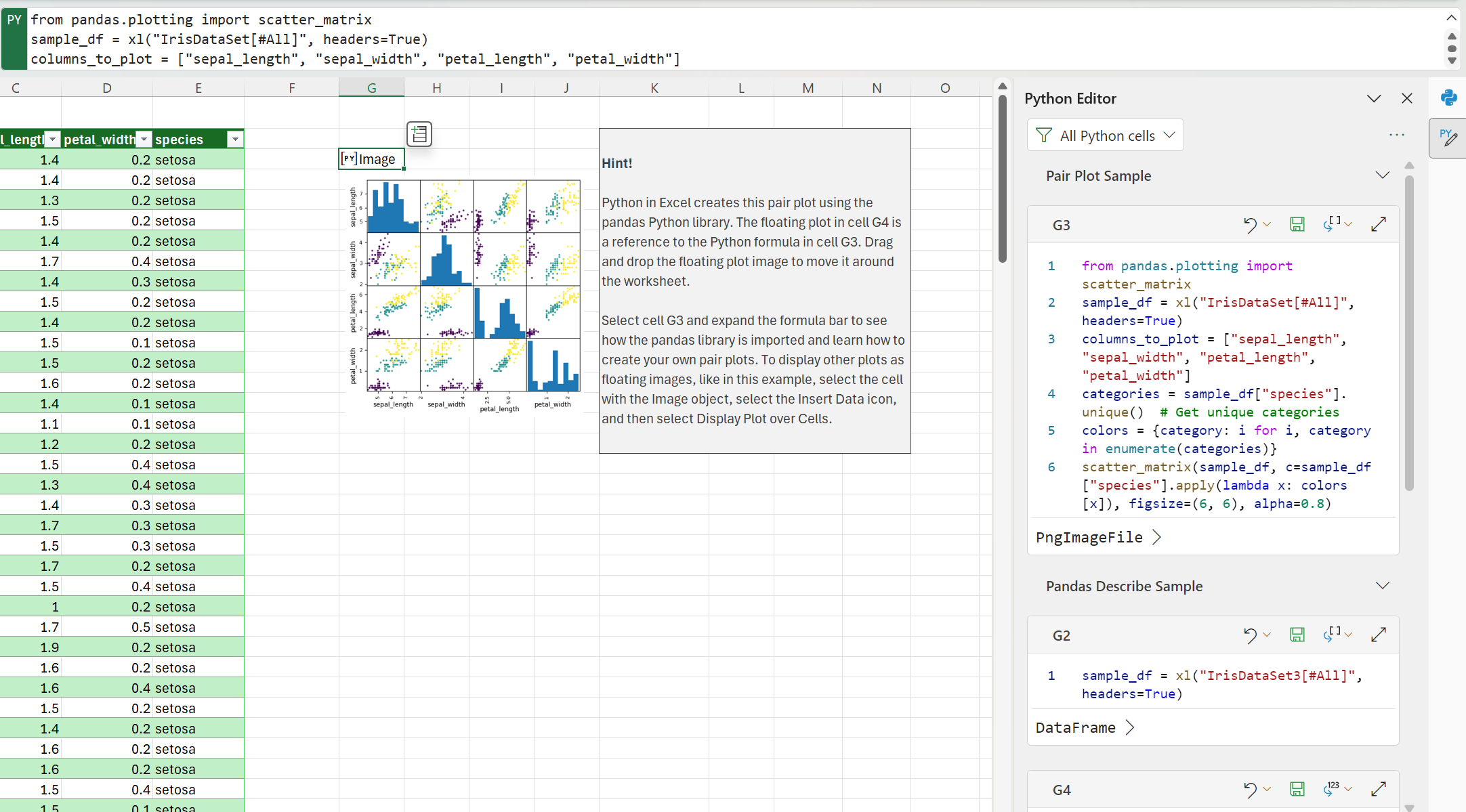 Shows the open task pane and multiple Python cells in the task pane.