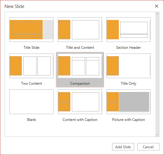 The New Slide dialog box in PowerPoint Online has several slide layouts to choose from