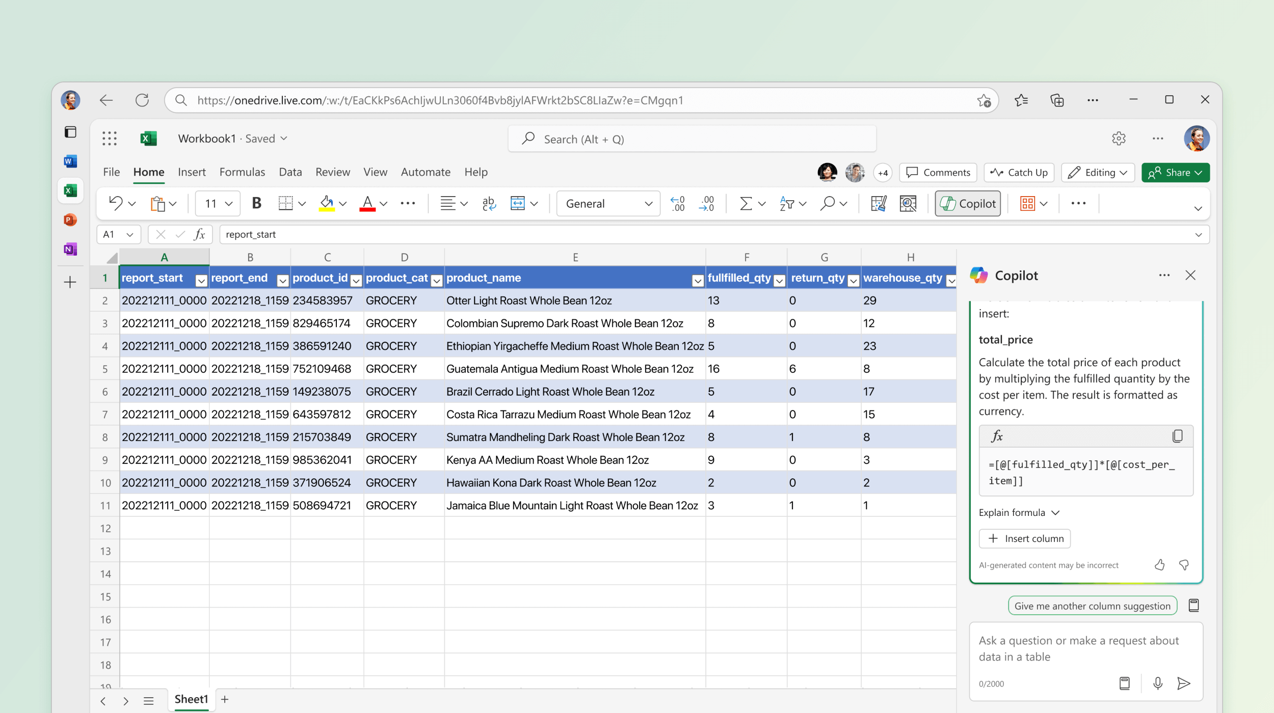 Screenshot shows Copilot in Excel suggesting a formula for calculation.