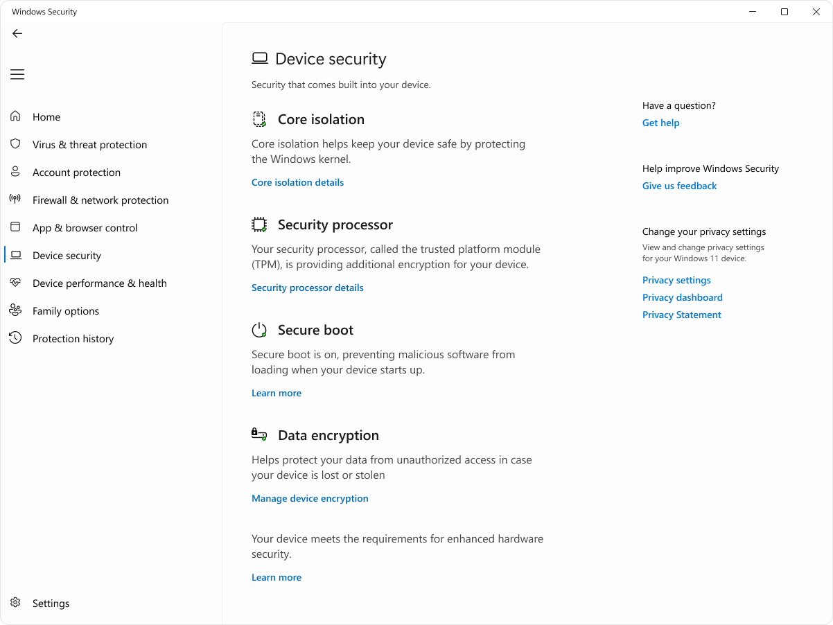 Screenshot of the device security screen in the Windows Security app.