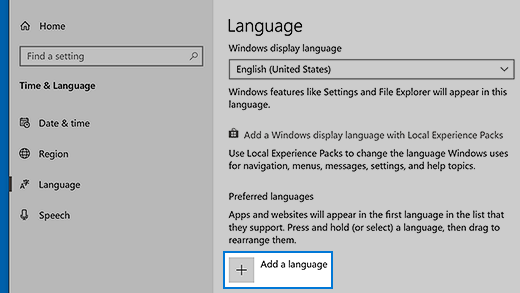 Language settings in Windows 10