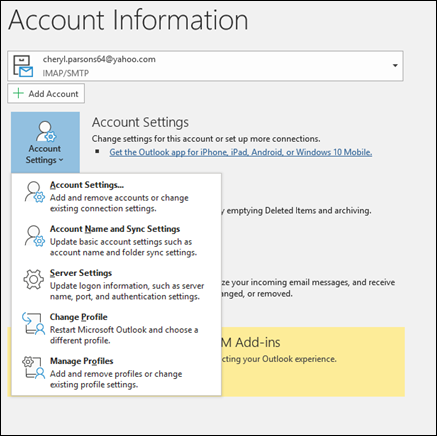 You have multiple types of account settings you can change in Outlook.