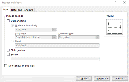 Header and footer dialog box