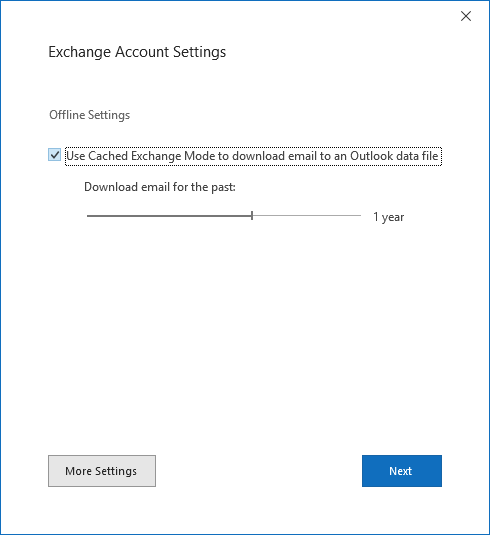 Account setup dialog, Exchange Account Settings page.