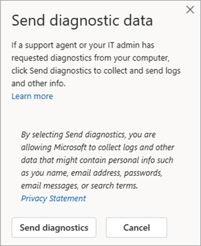 Screenshot of window showing how to send diagnostic data when speaking with an agent