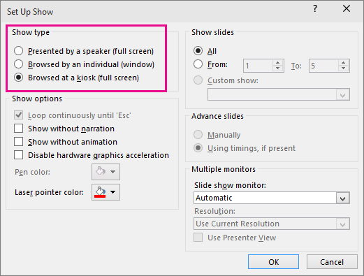 shows self-running powerpoint dialog box